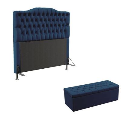 Imagem de Kit Cabeceira Estofada Pollux e Calçadeira Sagitarius 140 Para Cama de Casal Sued Azul Marinho Aradecor