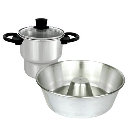 Imagem de Kit Café da Tarde Jogo Com Assadeira Forma Redonda com Furo no Meio N20 e Cuscuzeira N14 em Alumínio Polido