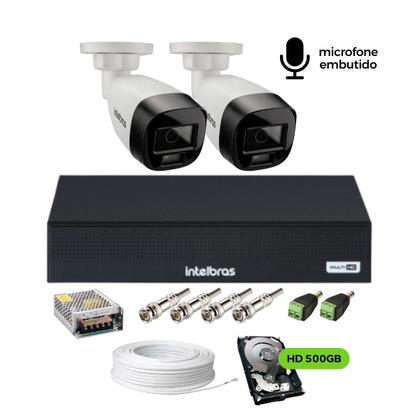 Imagem de Kit Câmeras de Segurança DVR Intelbras MHDX 3104C, 2 câmeras VHD 3220B, 2.8mm, IR 20m, Full HD coloridas à noite com áudio, HD 500GB, Acess.