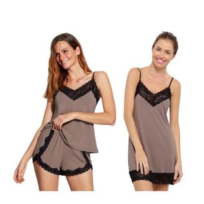 Imagem de Kit Camisola Em Renda e Microfibra Hope - L11550 + Pijama Short Doll Básico Renda Hope LCS550 Tamanho:GCor:Avelã