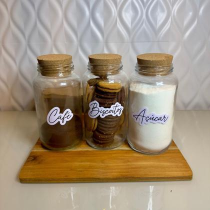 Imagem de Kit Cantinho do Café - 3 Potes de Vidro com Tampa de Cortiça + Adesivos- Armazenamento - Cozinha