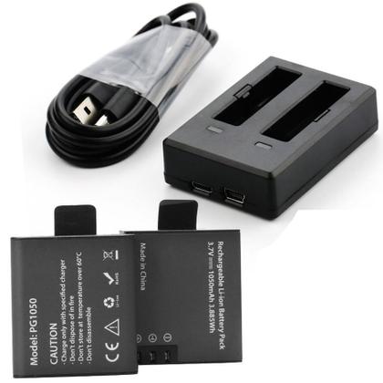 Imagem de Kit Carregador Duplo Eken H9r + 02 Bateria Extra Original PG1050 Li-Ion 3.7 v 1050mAh P/ Câmera Sjcam H9RS S60 M10