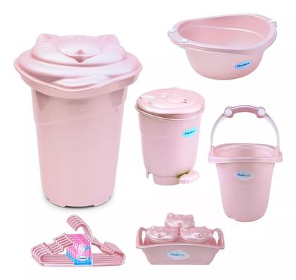 Imagem de Kit Cesto Roupa De Bebê Plastibaby com Bacia + Balde + Lixeira + Organizador + Cabide - Azul e Rosa