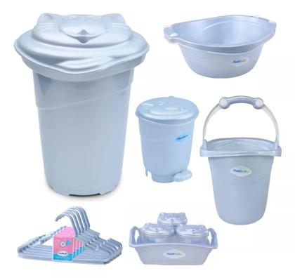 Imagem de Kit Cesto Roupa De Bebê Plastibaby com Bacia + Balde + Lixeira + Organizador + Cabide - Azul e Rosa