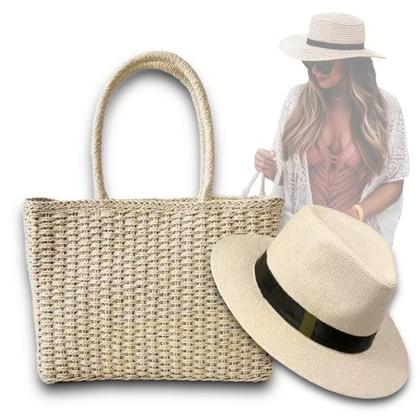 Imagem de Kit Chapéu Palha + Bolsa Casual Praia Feminino ABA MÉDIA PANAMÁ 336