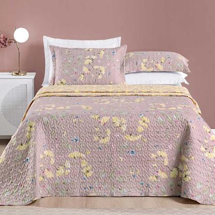 Imagem de Kit Cobre Leito Colcha Dallas Queen Dupla Face Estampada 3 Peças - Rosê Lavanda Floral