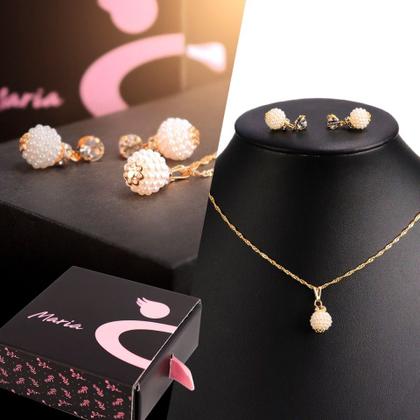 Imagem de Kit Colar feminino Perola dourada + brinco  zicronia + caixa KCBPL