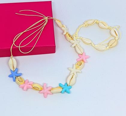 Imagem de Kit Colar Gargantilha e Pulseira tornozeleira conchas do mar artesanal Búzios naturais com Olho grego Moda praia Verão