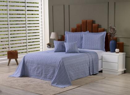 Imagem de Kit Colcha Cobre Leito Cama de Casal Tecido Rústico Topázio + Capas de Almofada 5 Peças