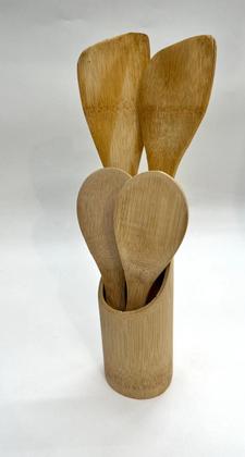 Imagem de Kit Colher De Pau Utensílios Em Bambu(4 talheres +suporte)