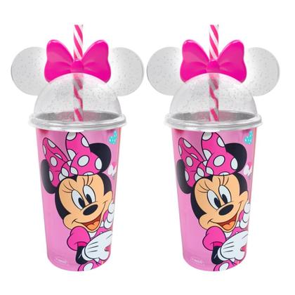 Imagem de Kit com 2 Copos da Minnie Rosa 500ml Com Canudo e Orelhas