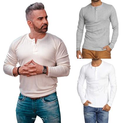 Imagem de KIT COM 3 Camisetas Henley J Silver Slim Fit Manga Longa 4 Botões