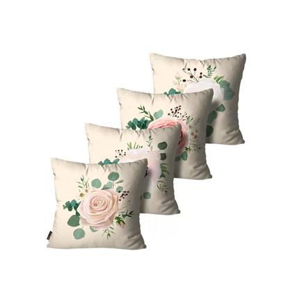 Imagem de Kit com 4 Capas de Almofadas Decorativas Flores Rosa e Bege 