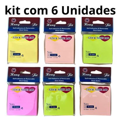 Imagem de Kit com 6 Blocos Adesivos 76x76mm Autocolantes 100 Folhas Cores Sortidas