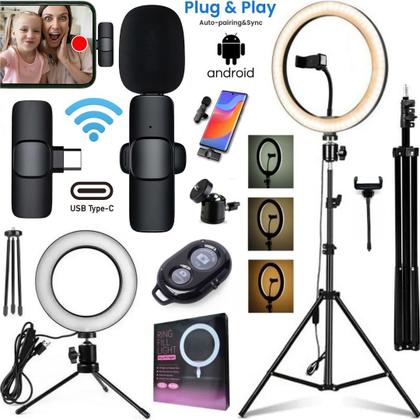 Imagem de Kit Completo Gravação Luz Ring Light com Tripé Microfone Sem Fio Tipo-C Profissional Celular Vídeos
