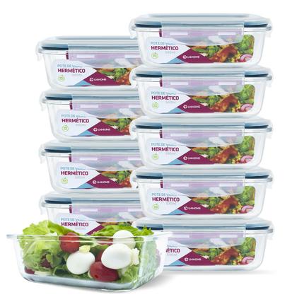 Imagem de Kit Conjunto 10 Potes Vidro Hermético Tampa Plástico Marmita Mantimentos 640ml