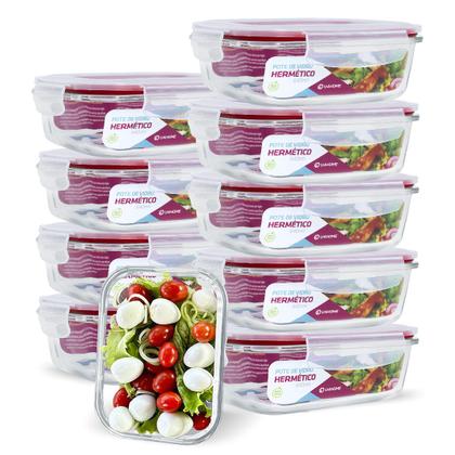 Imagem de Kit Conjunto 10 Potes Vidro Hermético Tampa Plástico Marmita Mantimentos 640ml
