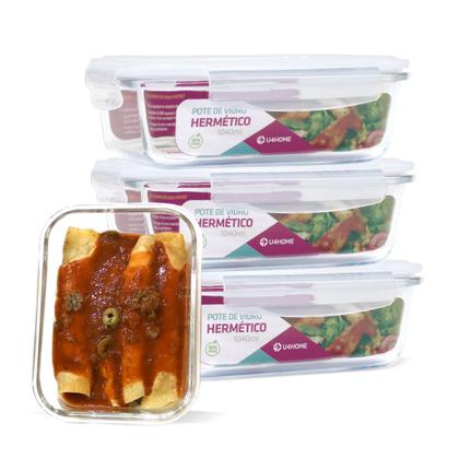 Imagem de Kit Conjunto 4 Potes Vidro Hermético Tampa Plástico Marmita Mantimentos 1040ml