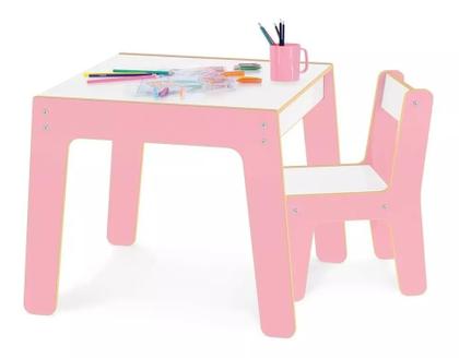 Imagem de Kit Conjunto Mesa Infantil Em Madeira Com Cadeira Rosa Mesinha Didatica Meninas Junges