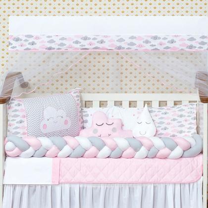 Imagem de Kit Conjunto Protetor Para Mini Berço Menina Trança + Brinde Nuvem 11 Peças Lançamento