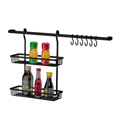 Imagem de Kit Cozinha 2 Peças Barra De Parede 45cm Suporte Duplo Porta Temperos Condimentos Preto Fosco - Future