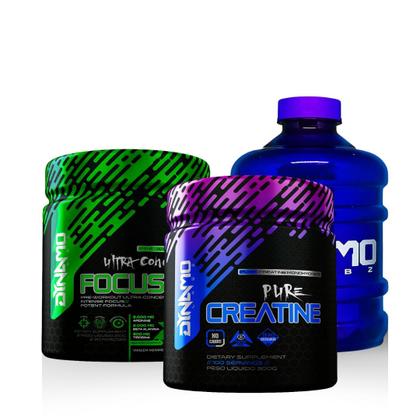 Imagem de Kit Creatina 100% Pura 150g + Pré-treino Focus-9 210g + Galão 1Lt Dynamo Labz
