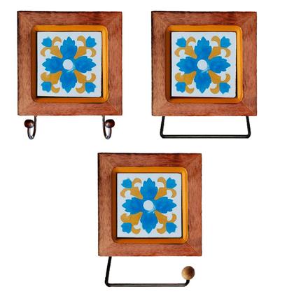 Imagem de Kit de Banheiro Artesanal com Ladrilho Hidráulico 3 Peças em Madeira Maciça e Ferro