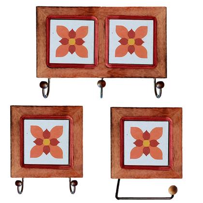 Imagem de Kit de Banheiro Artesanal com Ladrilho Hidráulico 3 Peças em Madeira Maciça e Ferro