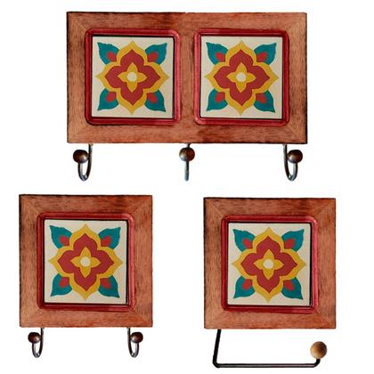 Imagem de Kit de Banheiro Artesanal com Ladrilho Hidráulico 3 Peças em Madeira Maciça e Ferro