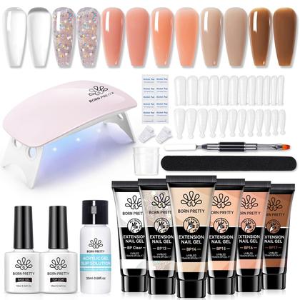 Imagem de Kit de gel de unhas BORN PRETTY Extension - Kit de gel de 6 cores Nude Clear Jelly All-In-1 Set Builder Glue com base de lâmpada U V O conjunto de acabamento forma um conjunto de manicure francesa para iniciantes