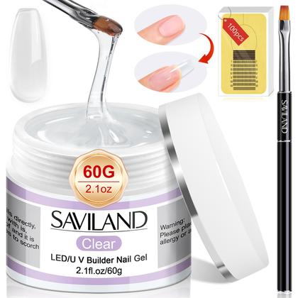 Imagem de Kit de gel para unhas Builder SAVILAND Clear 60g com formas de unhas e pincel