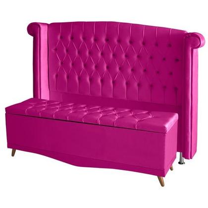 Imagem de Kit De Quarto Cabeceira De Cama Box e Calçadeira Baú Toquio Casal 140 cm Suede Rosa Pink Eli Móveis e Decoração
