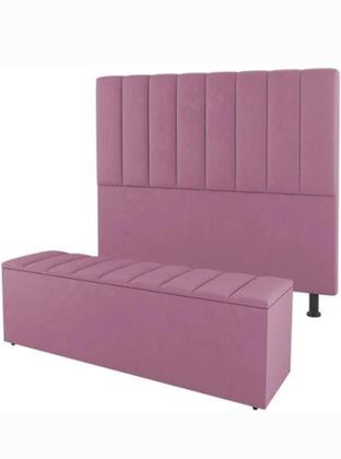 Imagem de Kit De Quarto Roma Cabeceira De Cama Box e Calçadeira Baú Queen 160 cm Suede Rosa Do Lar Móveis e Decoração