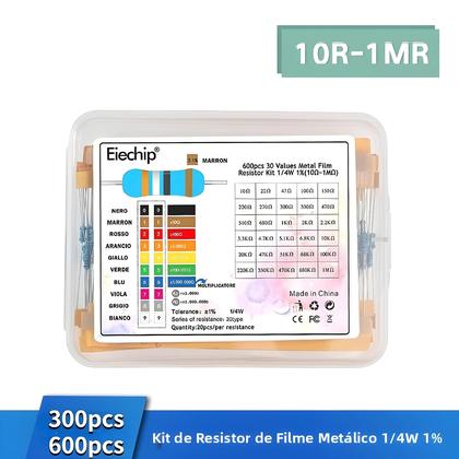Imagem de Kit De Resistores De Filme Metálico 300/600PCS 1/4W 1% Tolerância 30 Tipos 1K 10K 100K 220ohm 1M Com