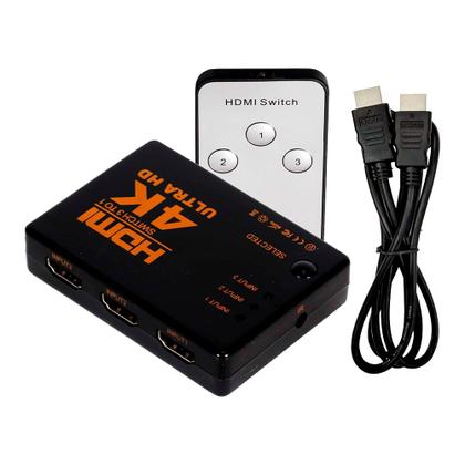 Imagem de Kit Divisor Switch HDMI com Cabo HUB 3x1 4K Chaveador Controle Remoto