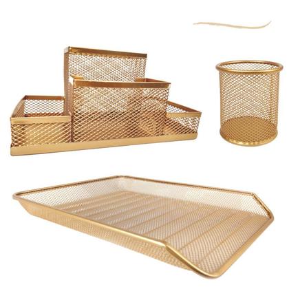 Imagem de Kit Escritório Porta Caneta, Organizador de Mesa, Bandeja Organizadora Dourado