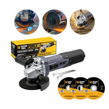 Imagem de Kit Esmerilhadeira Angular 1000W Fasterr Force com 3 Discos de Corte Inox