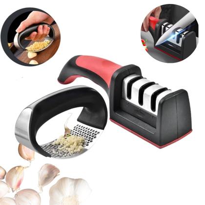 Imagem de kit Espremedor Amassador Triturador De Alho e Amolador Faca Afiador Profissional com cabo 3 EM 1