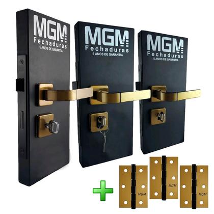 Imagem de Kit Fechadura de Porta Externa Interna Banheiro Roseta Módena Bronze + Dobradiças MGM