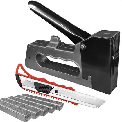 Imagem de Kit Grampeador de Tapeceiro Manual Com Grampo 8mm e Estilete Profissional