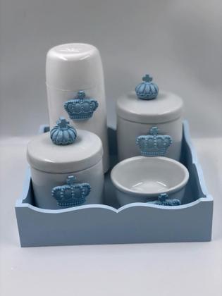 Imagem de Kit Higiene Porcelana Bandeja Mdf Térmica Branca Tema Coroa Azul