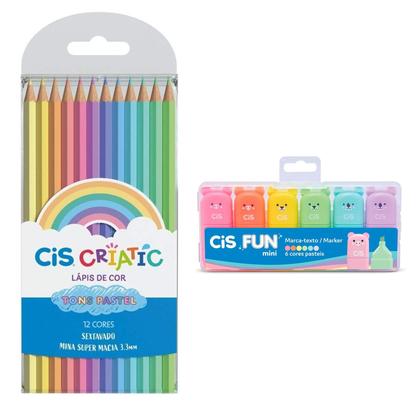 Imagem de Kit Infantil Marca-Texto Fun+Lápis de Cor Criatic Pastel Cis