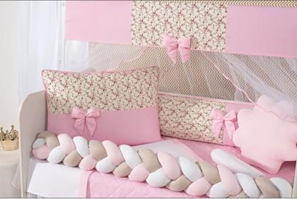 Imagem de kit jogo de berço menina 11 peças trançado com saia rosa