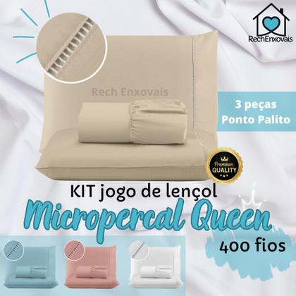 Imagem de Kit Jogo de Lençol Micropercal 400 fios 03 Peças Ponto Palito - Queen
