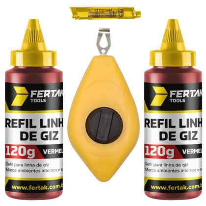 Imagem de Kit Jogo Marcação Linha Giz 15m Vermelho Pedreiro Gesseiro Com Nível + Refil Vermelho 120g