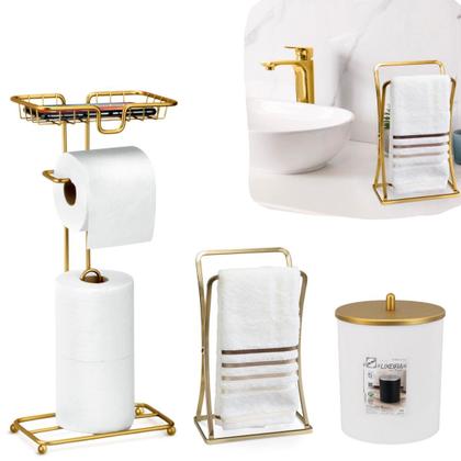 Imagem de Kit Lavabo Acessorios Banheiro Dourado Luxo Gold Lixeira Papeleira Porta Toalha De Rosto Bancada Conjunto