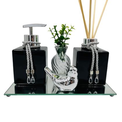 Imagem de Kit Lavabo Luxo Para Banheiro Saboneteira e Difusor Com Bandeja - Vidro Cubo Preto Prata