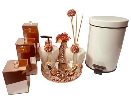 Imagem de Kit Lavabo Luxo Rose Gold Difusor Sabonete Lixeira Escovas