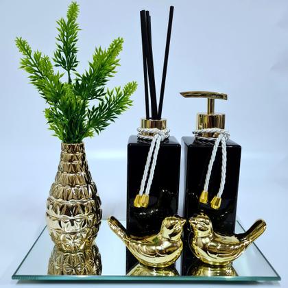 Imagem de Kit Lavabo Vasinho Espelhado, Difusor, Saboneteira, Bandeja (Square)