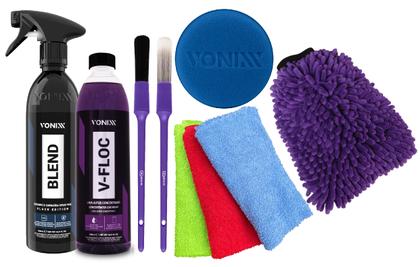 Imagem de Kit Lavagem Profissional Vonixx Cera Vitrificadora BLEND Black Shampoo V floc pincel aplicador pano Microfibra